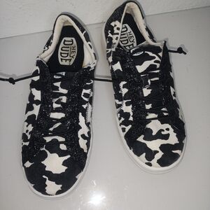 Hey Dude Women's Karina White/Black Cow/Camo Print w/ sparkle size 10